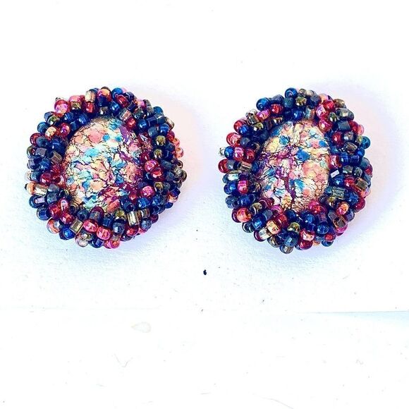 European glass Confetti earrings with multi color glass beads frame pierced - Picture 12 of 14